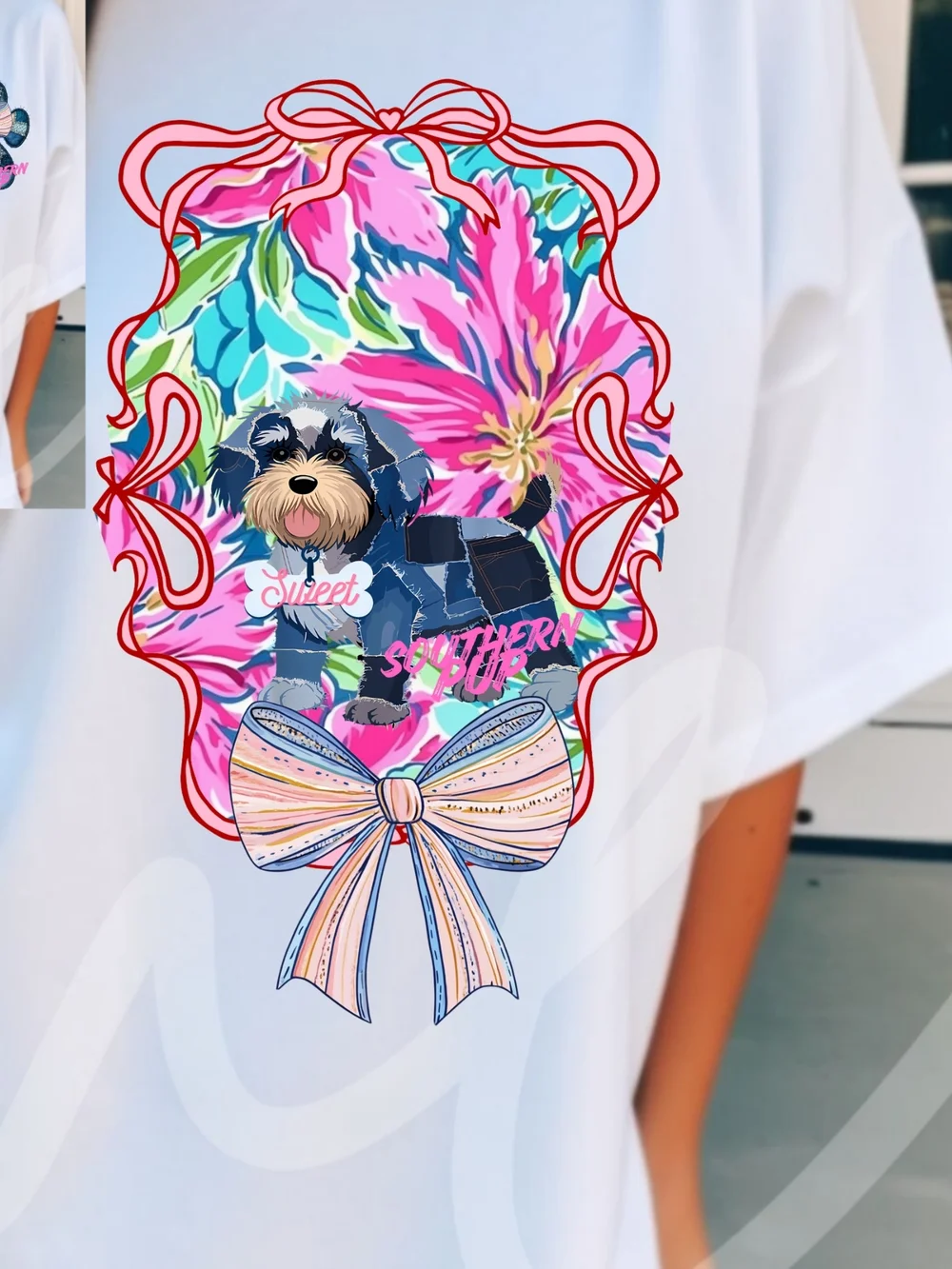 Gildan White Tee with Denim Patch Paw & Pastel Bow - Picture 2 of 16